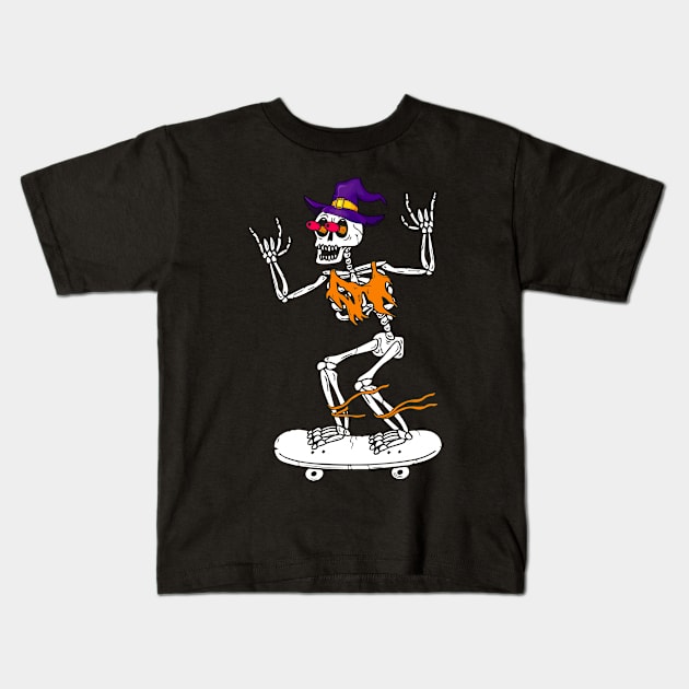 Funny Skeleton Skateboard Dancing Halloween Kids T-Shirt by folidelarts